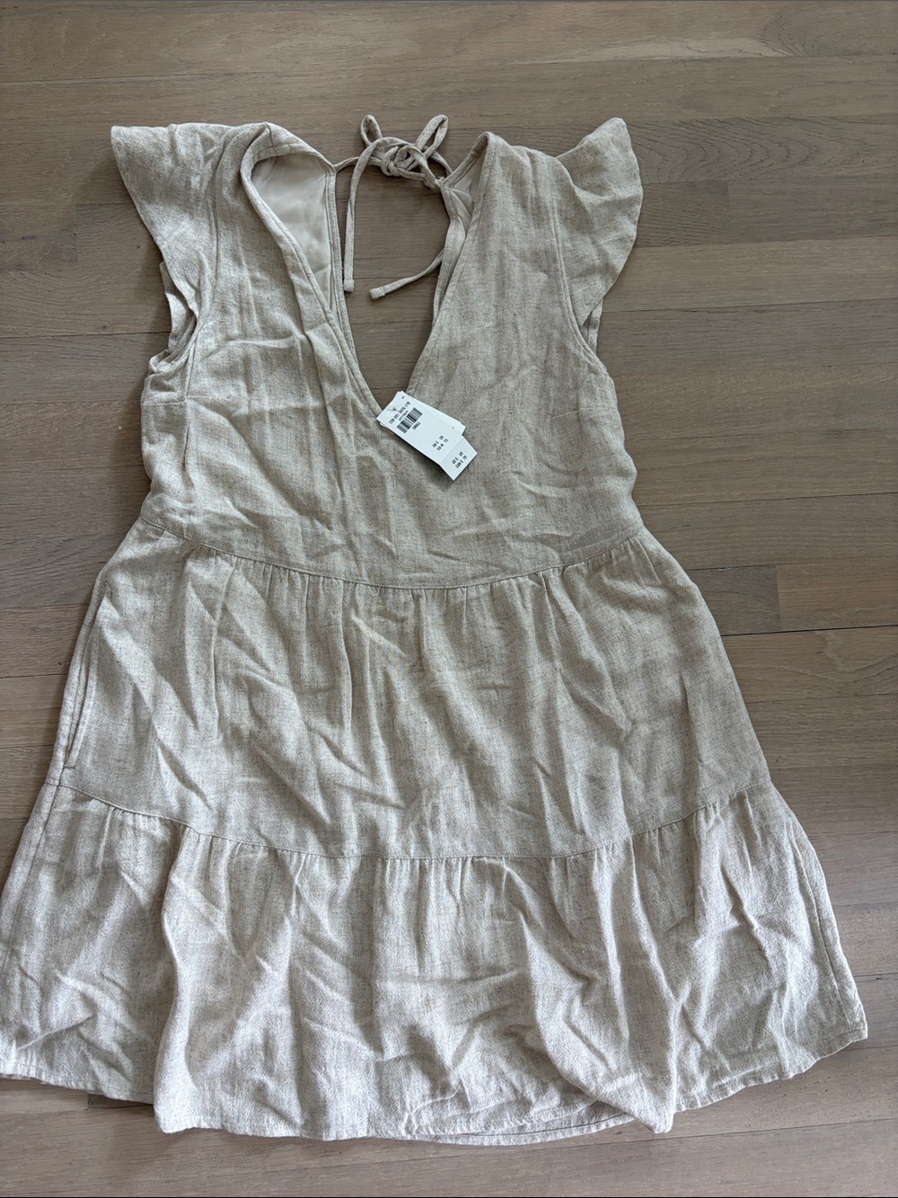 Abercrombie & Fitch Beige Linen-Blend Tiered V-Neck Dress